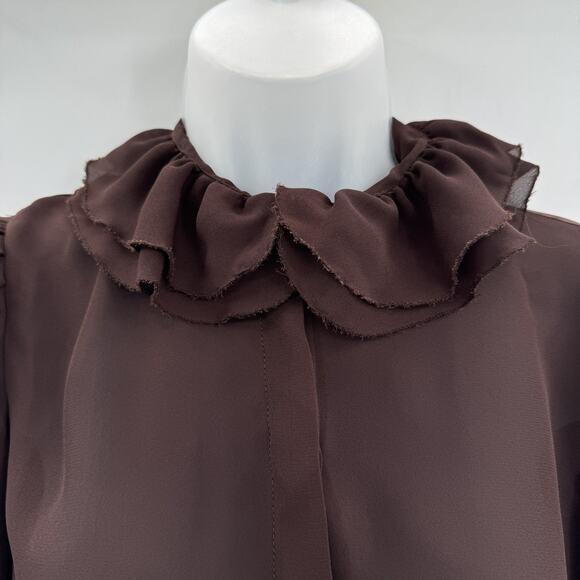Vintage Augie Ruffle Neck Sheer Button Up Blouse S/M* Chocolate Brown Victorian - Picture 3 of 12
